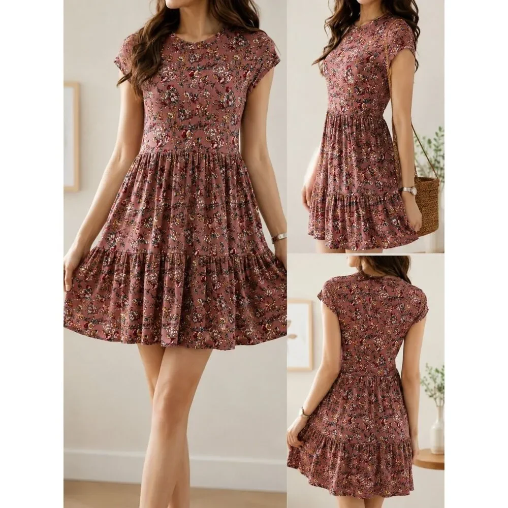 Jessica Simpson Floral Tiered Dress Size M Pink Short Sleeve Ribbed Knit - Picture 1 of 6